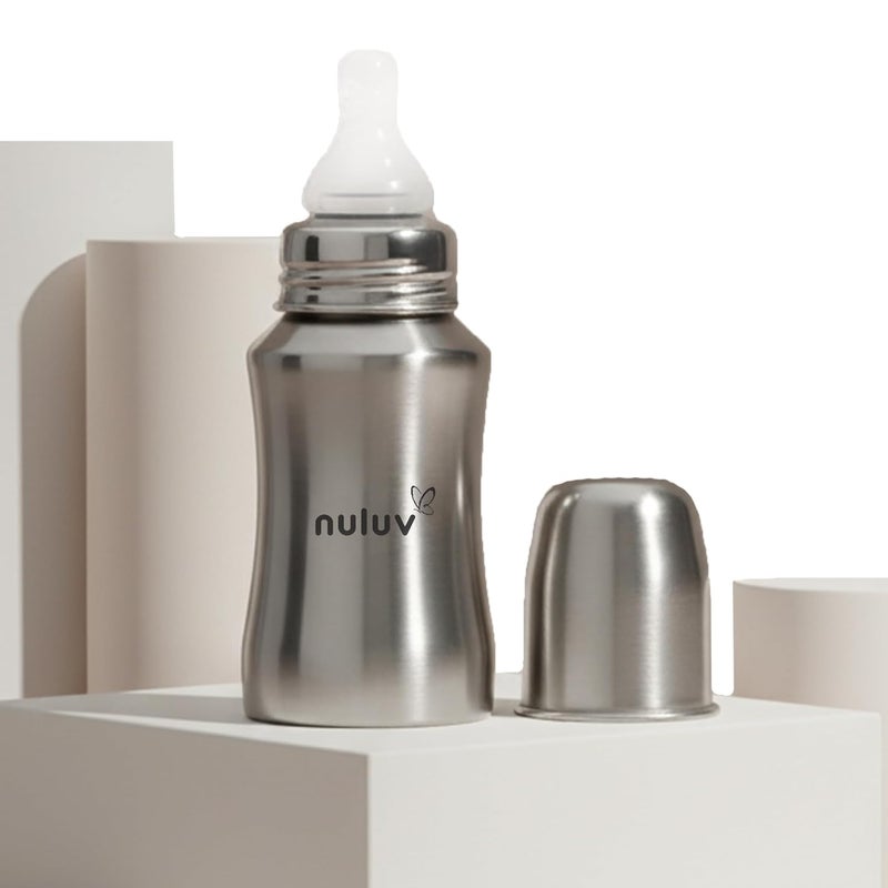 Nuluv Nourish+ Stainless Steel Feeding Bottle 140ml with Anti-Colic Silicone Nipple for Babies - Image 1